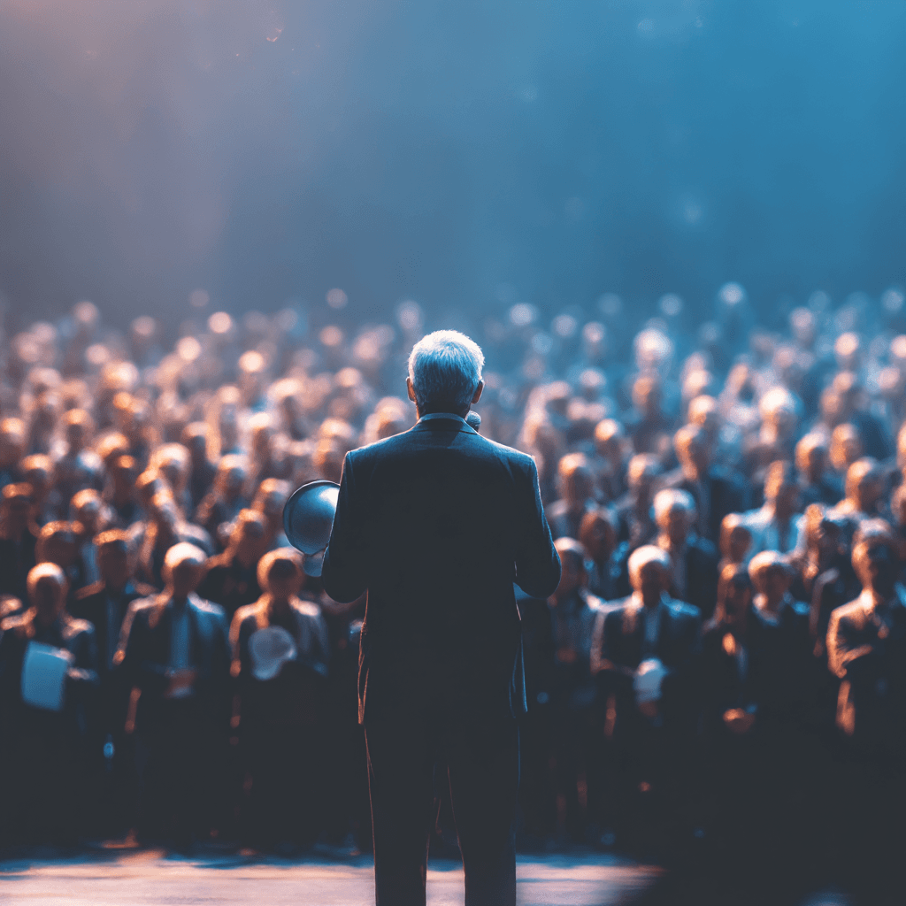 Man on stage selling to audience