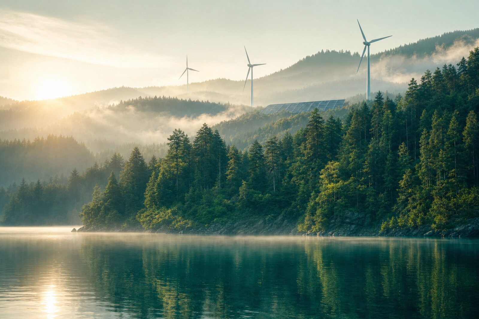 Misty forested hillside meeting a calm teal lake at dawn, with wind turbines and solar panels integrated into the landscape
